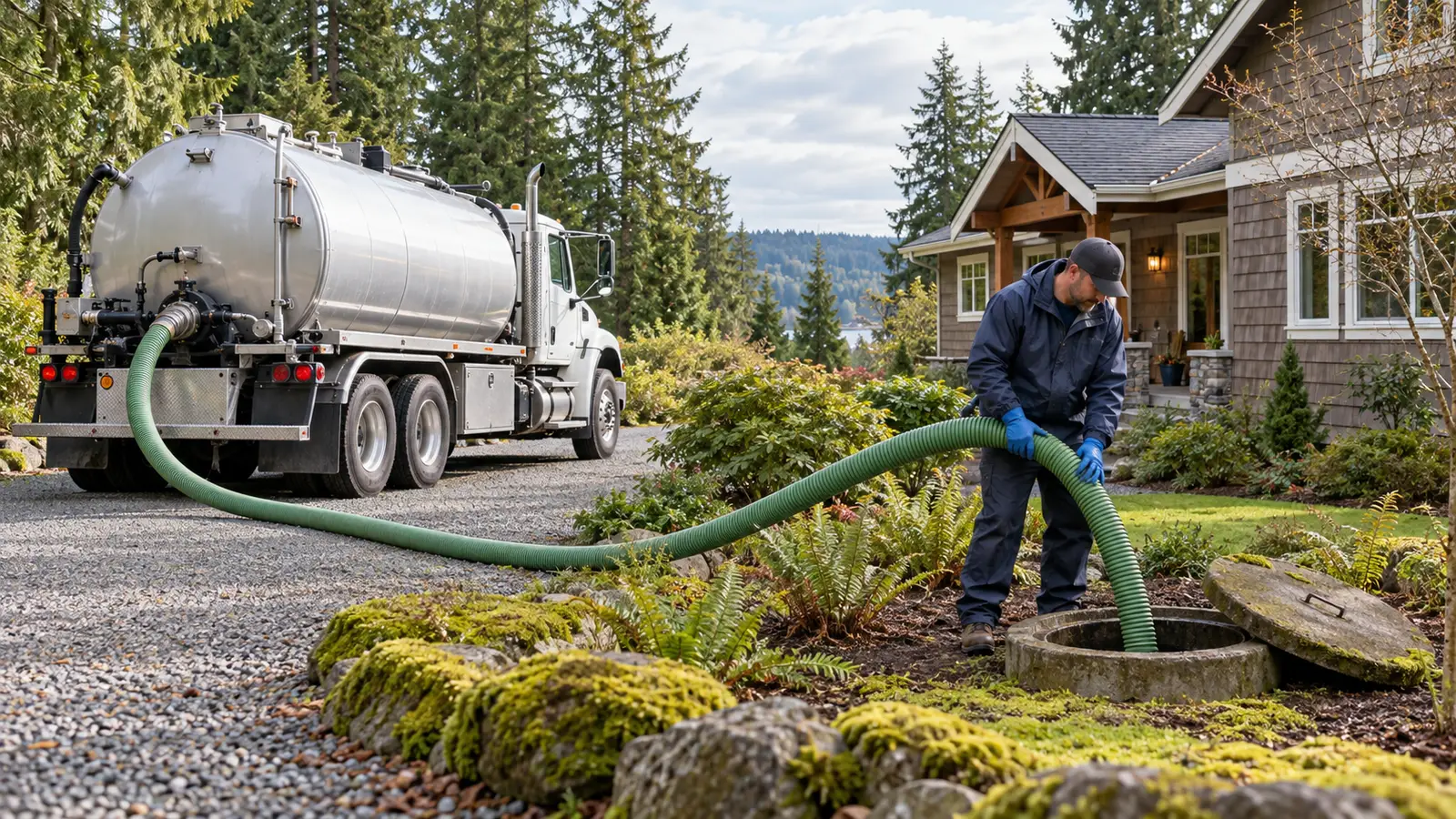 Illustration of a septic pumping truck at a residential property
